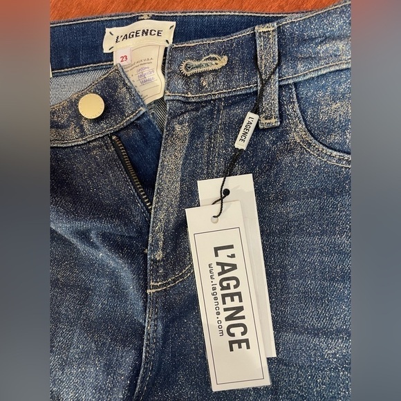 L'AGENCE El Matador Glitter-Coated Stretch Slim-Fit Jeans 32 Blue Raw Hem - Picture 10 of 16